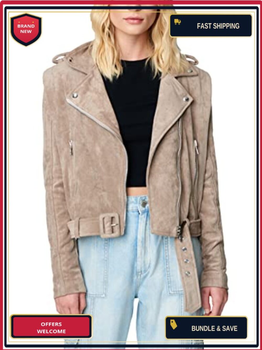 Suede Moto Jacket, Luxury Faux Leather Coat, Long Sleeve, Zip Front